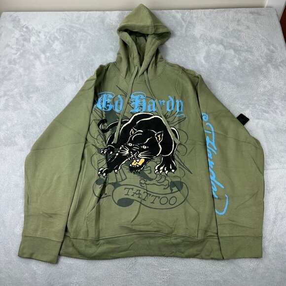 Ed Hardy NWT Men's Size Large Crouching Panther Pullover Fleece Green Hoodie